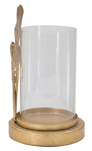Porte-bougie en métal doré et verre avec design feuilles