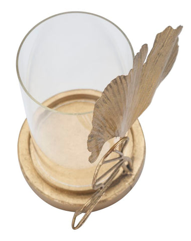 Porte-bougie en métal doré et verre avec design feuilles