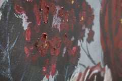 Peinture murale artisanale motif floral cadre bois tones chauds