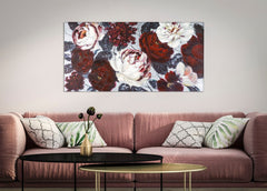 Peinture murale artisanale motif floral cadre bois tones chauds