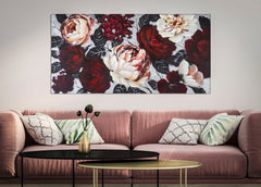 Peinture murale fleur blanche / rouge avec cadre en bois