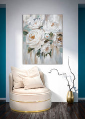 Peinture murale artisanale fleur Crème sur toile cadre en bois