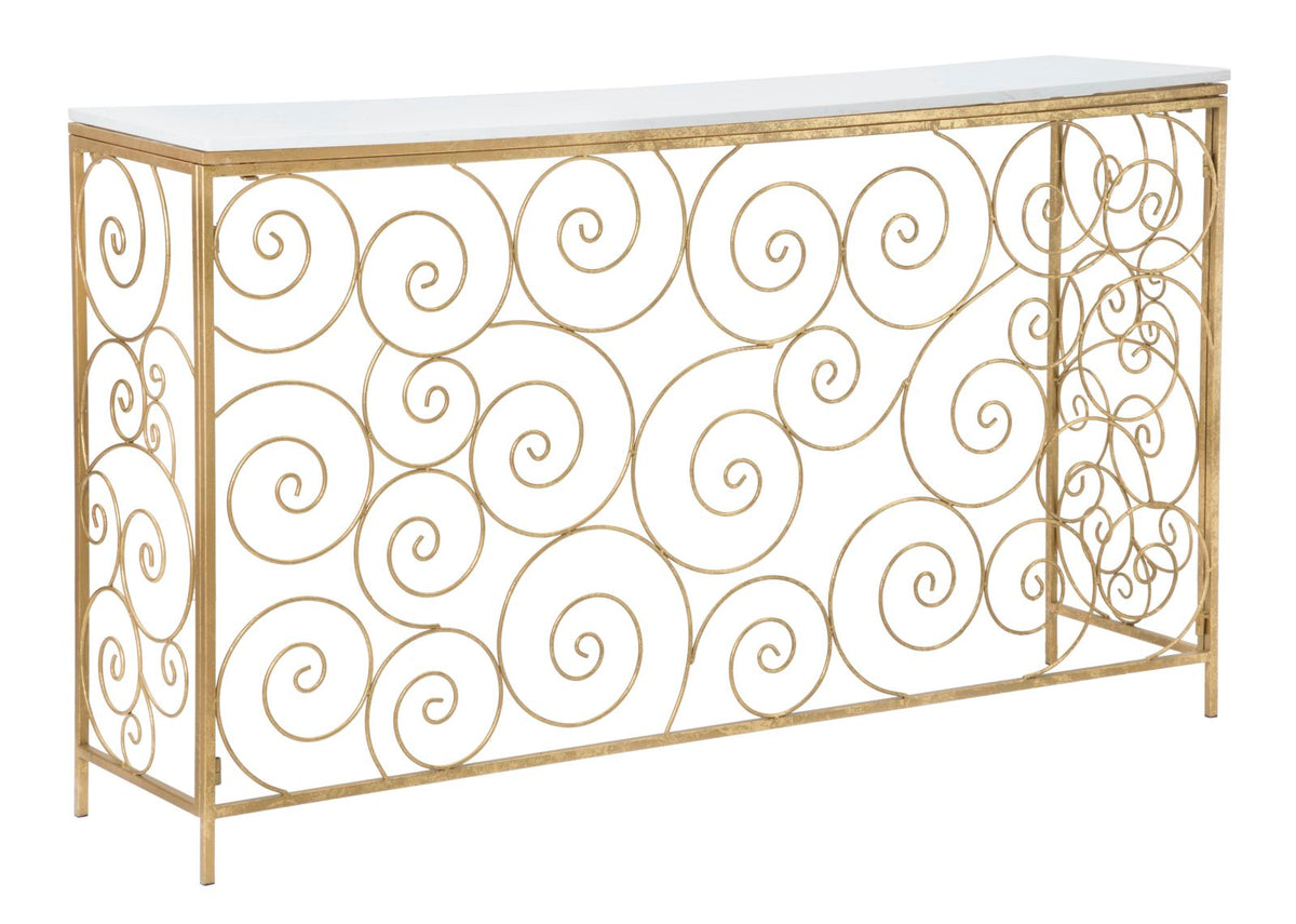 Consola rectangular de metal dorado con tablero de mármol blanco