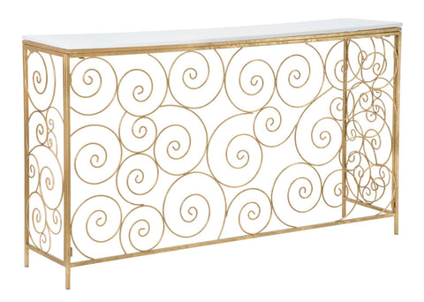 Consola rectangular de metal dorado con tablero de mármol blanco