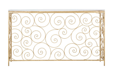 Consola rectangular de metal dorado con tablero de mármol blanco