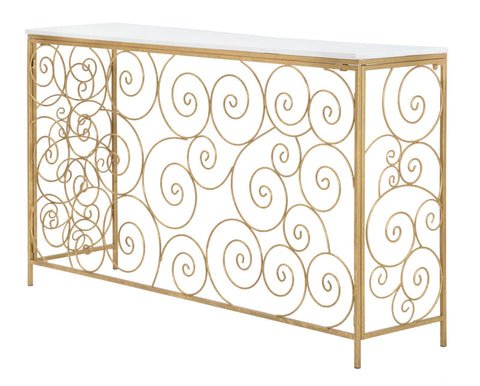 Consola rectangular de metal dorado con tablero de mármol blanco