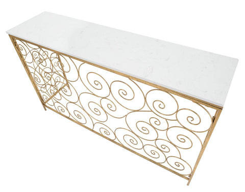 Consola rectangular de metal dorado con tablero de mármol blanco