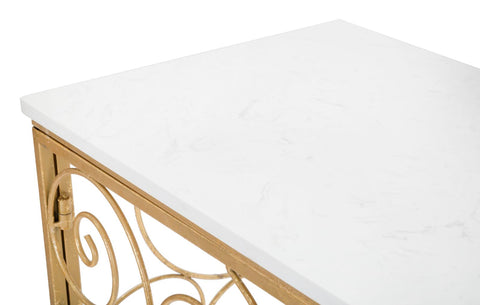 Consola rectangular de metal dorado con tablero de mármol blanco