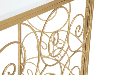 Consola rectangular de metal dorado con tablero de mármol blanco
