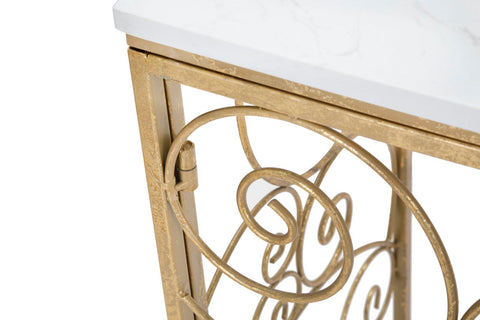 Consola rectangular de metal dorado con tablero de mármol blanco