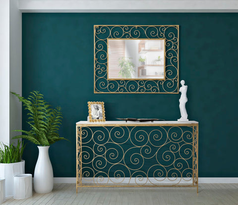 Consola rectangular de metal dorado con tablero de mármol blanco