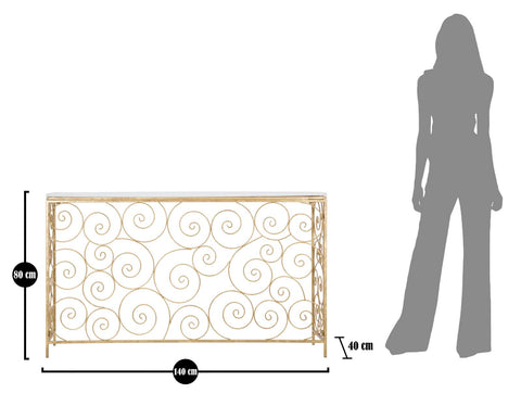 Consola rectangular de metal dorado con tablero de mármol blanco