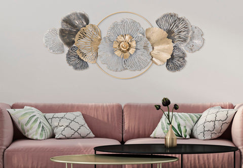 Panneau mural décoratif en métal 3D feuilles et fleurs or / argent