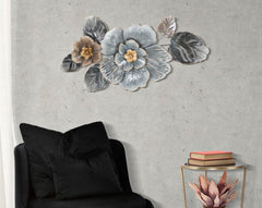 Panneau mural décoratif en métal 3D design feuilles et fleurs Argenté et Doré