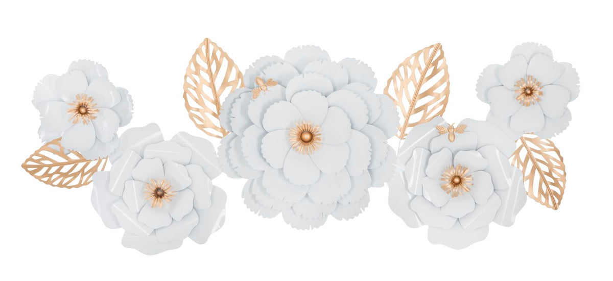 Panneau décoratif métal 3D blanc motifs fleurs et feuilles