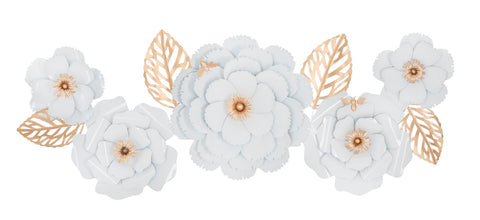 Panneau décoratif métal 3D blanc motifs fleurs et feuilles