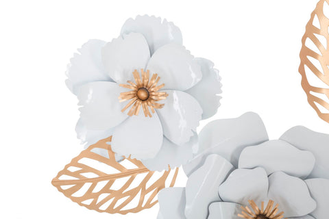 Panneau décoratif métal 3D blanc motifs fleurs et feuilles