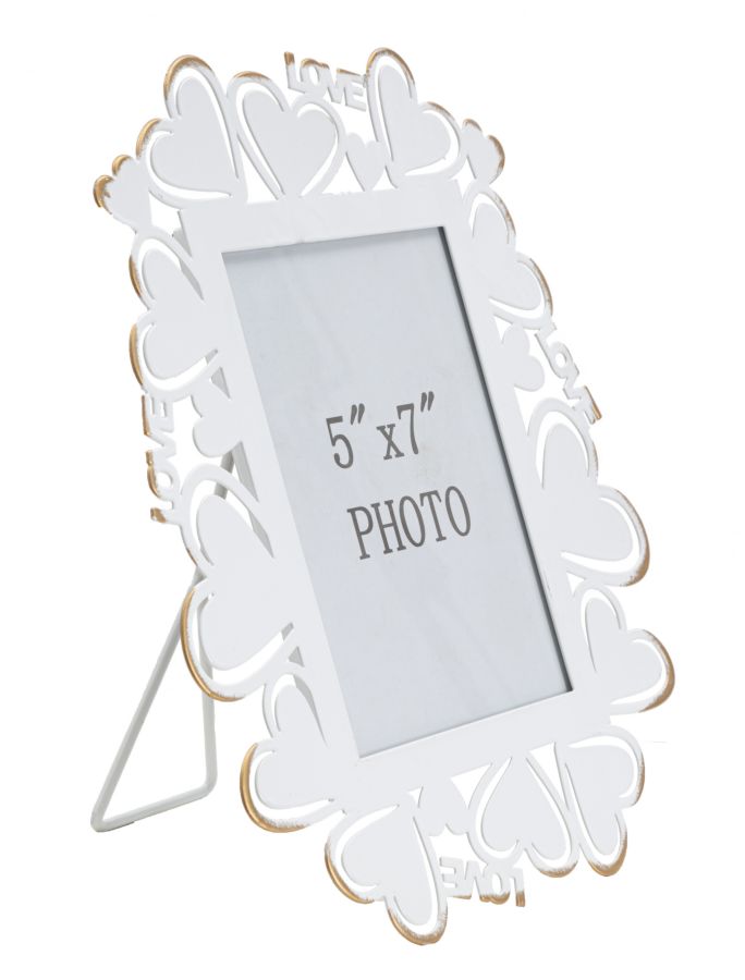 Cadre photo en métal blanc avec incrustations en forme de cœur