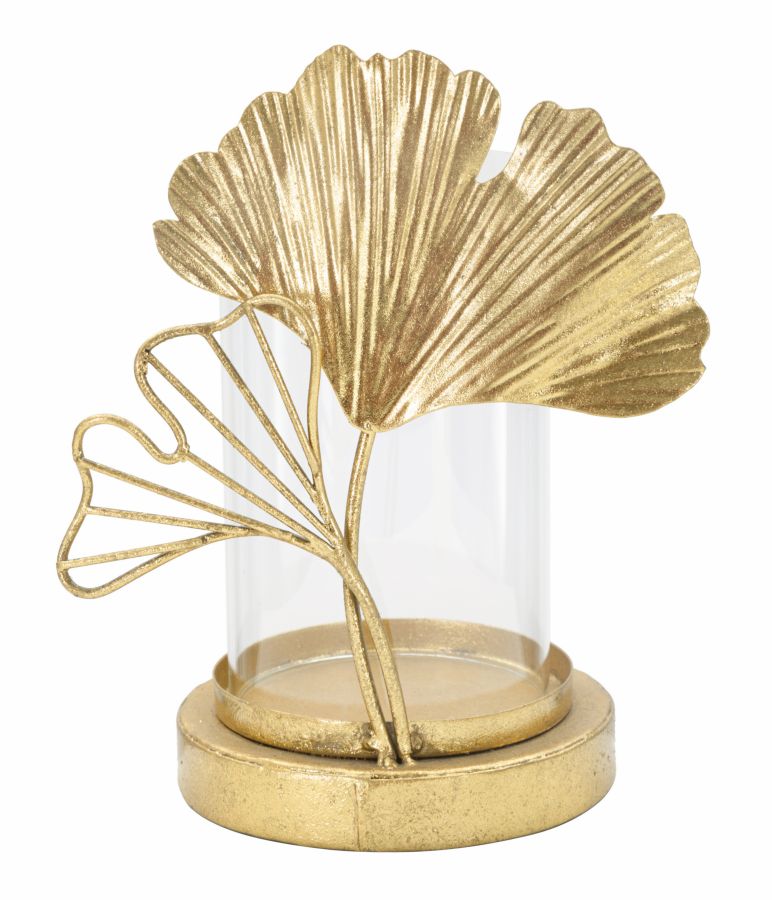 Porte-bougie en métal doré et verre avec design feuilles