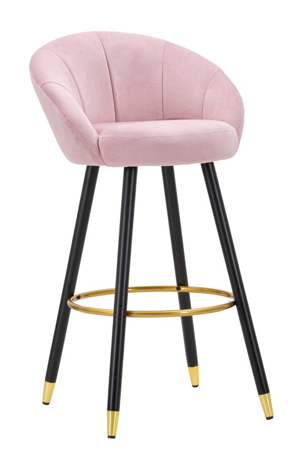Tabouret de bar Velours Rose Prague pieds en bois et métal doré