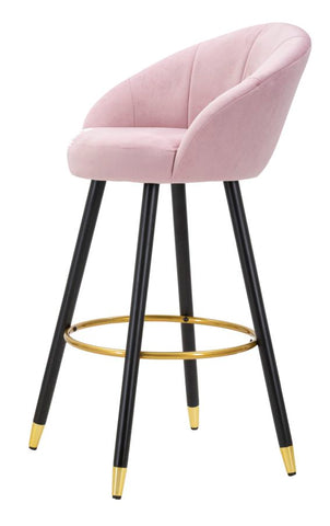 Tabouret de bar Velours Rose Prague pieds en bois et métal doré