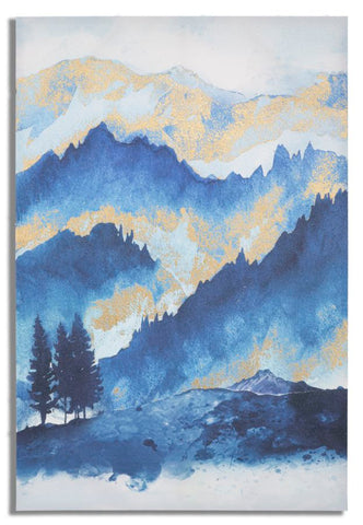 Impression toile design montagne cadre en bois nuances de bleu décorations dorées