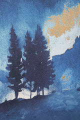 Impression toile design montagne cadre en bois nuances de bleu décorations dorées