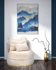 Impression toile design montagne cadre en bois nuances de bleu décorations dorées