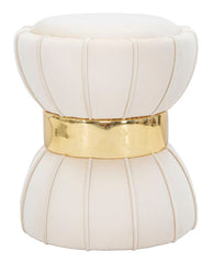 Tabouret rond Velours synthétique Crème bande dorée