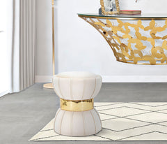 Tabouret rond Velours synthétique Crème bande dorée