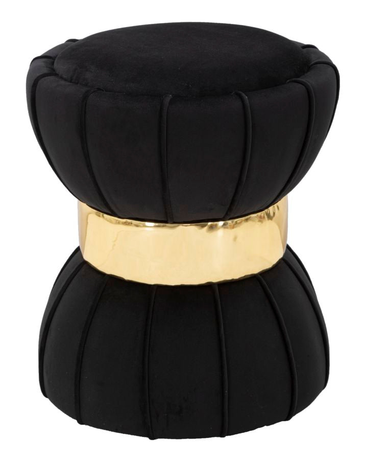 Taburete redondo de terciopelo negro con banda decorativa dorada