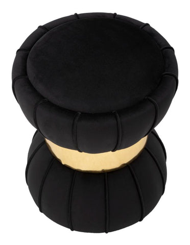Taburete redondo de terciopelo negro con banda decorativa dorada