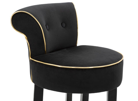 Tabouret de bar rond Luxy Velours Noir pieds métal doré