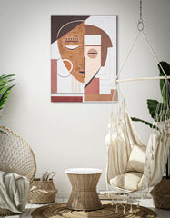 Peinture murale visage abstrait faite à la main cadre en bois couleurs chaudes