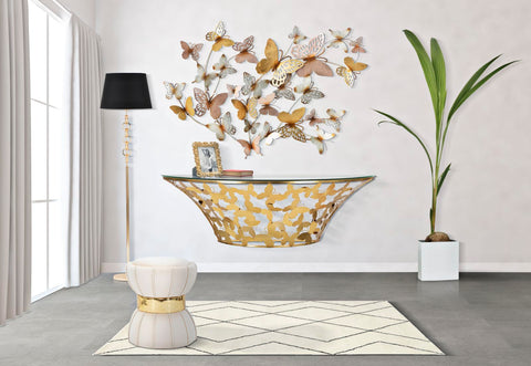 Consola de pared semicircular Mariposas Metal Dorado y Cristal