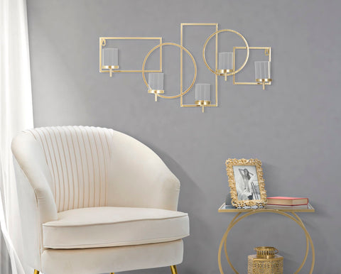 Porte-bougie mural géométrique en métal doré avec 5 porte-bougies en verre