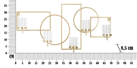 Porte-bougie mural géométrique en métal doré avec 5 porte-bougies en verre