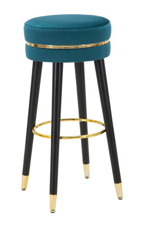 Taburete de bar terciopelo turquesa patas de madera y metal negras con acabado dorado