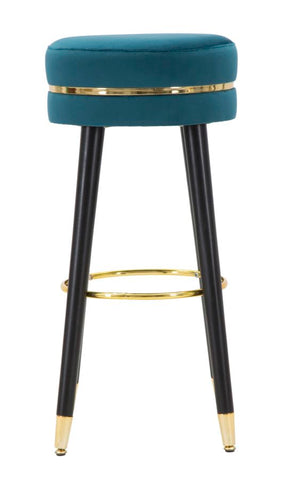 Taburete de bar terciopelo turquesa patas de madera y metal negras con acabado dorado