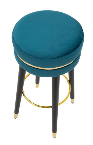 Taburete de bar terciopelo turquesa patas de madera y metal negras con acabado dorado
