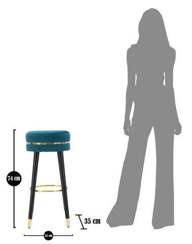 Taburete de bar terciopelo turquesa patas de madera y metal negras con acabado dorado