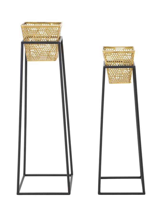 Ensemble de vases porte-vases métal doré et support métal noir