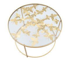 Table basse ronde Papillons Métal doré Verre