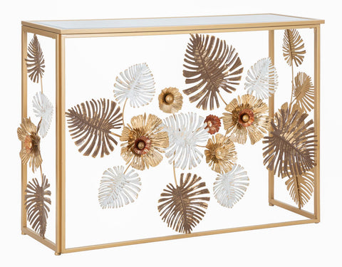 Consola Floris de metal dorado y cristal espejo adornada con hojas y flores