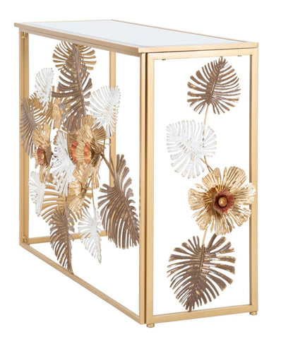 Consola Floris de metal dorado y cristal espejo adornada con hojas y flores