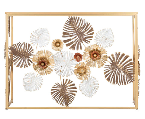 Consola Floris de metal dorado y cristal espejo adornada con hojas y flores