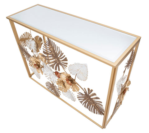 Consola Floris de metal dorado y cristal espejo adornada con hojas y flores