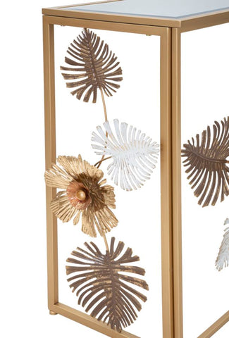Consola Floris de metal dorado y cristal espejo adornada con hojas y flores