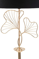Lampadaire feuilles métal doré abat-jour tissu noir