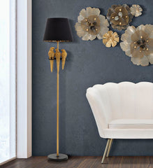 Lampe de sol décorée de perroquets Métal doré abat-jour Tissu Noir